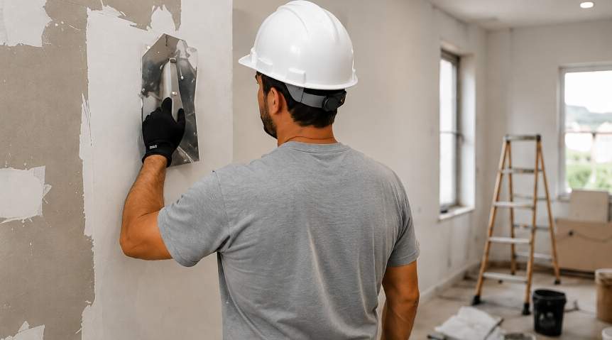 Operario aplicando estuco en la pared de un espacio en remodelación