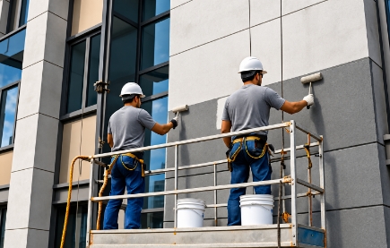 Dos operarios pintando la fachada de un edificio desde una plataforma