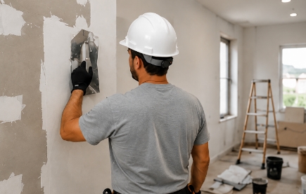 Operario aplicando estuco en la pared de un espacio en remodelación