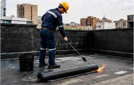 Operario aplicando manto asfáltico en la cubierta de una edificación