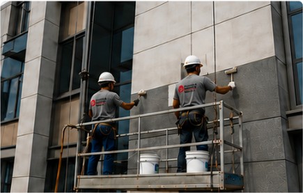 Dos operarios pintando la fachada de un edificio desde una plataforma