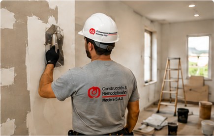 Operario aplicando estuco en la pared de un espacio en remodelación