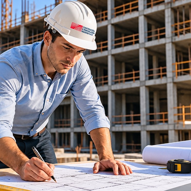 Ingeniero revisando planos de obra sobre una mesa de trabajo