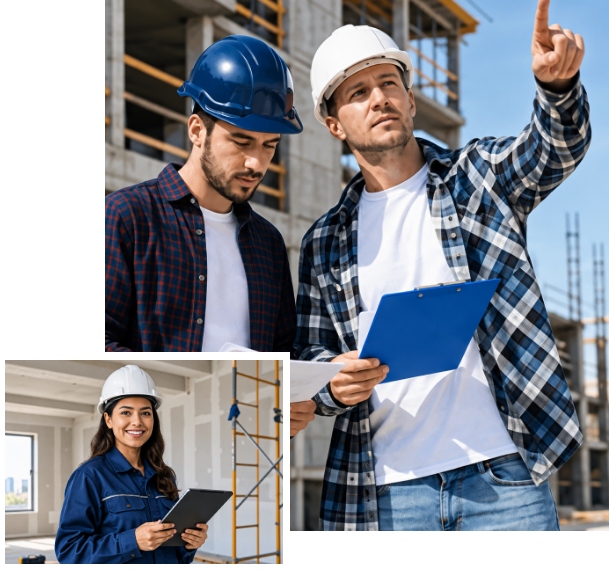 Equipo de Construcción & Remodelación Madera S.A.S en obra: ingenieros revisando planos y operaria con tablero de control